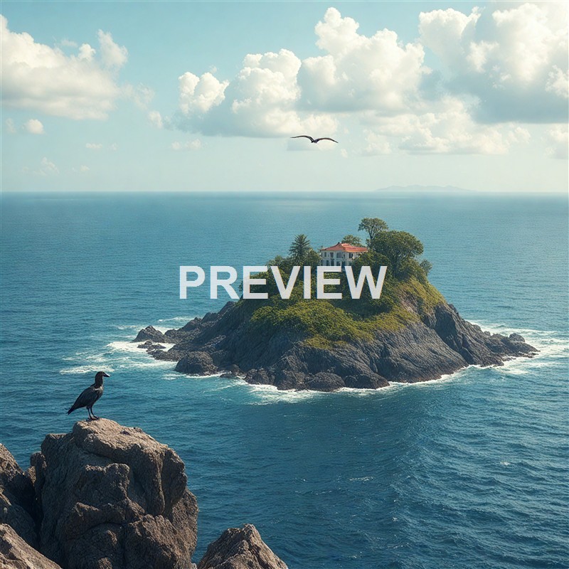 A small rocky island with lush greenery and a house on top, surrounded by the ocean, with two birds flying above and one perched on a nearby rock.